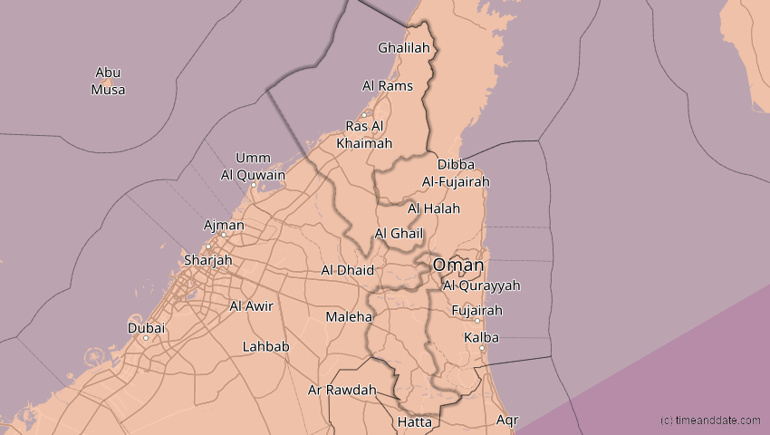 A map of Ras al-Khaimah, United Arab Emirates, showing the path of the Jun 21, 2020 Annular Solar Eclipse