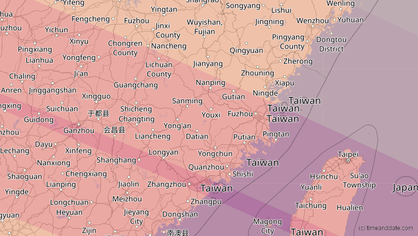 A map of Fujian, China, showing the path of the Jun 21, 2020 Annular Solar Eclipse