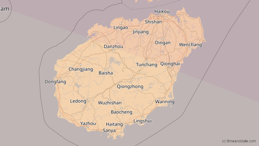 A map of Hainan, China, showing the path of the Jun 21, 2020 Annular Solar Eclipse