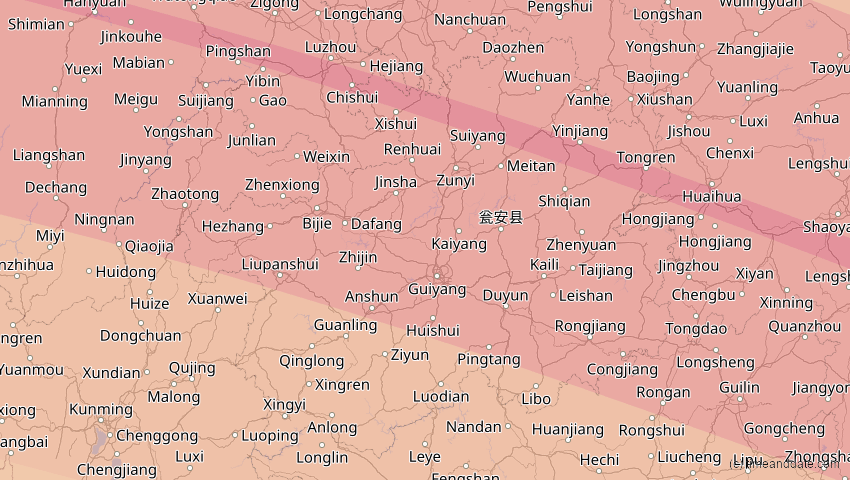 A map of Guizhou, China, showing the path of the Jun 21, 2020 Annular Solar Eclipse