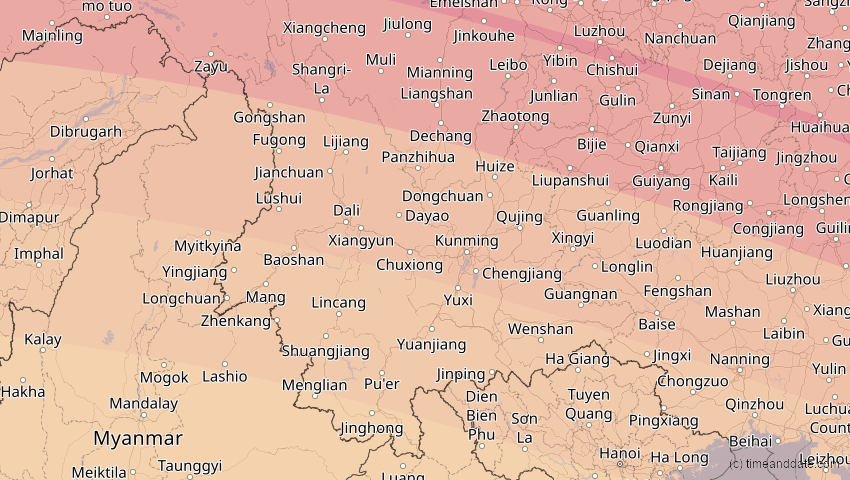 A map of Yunnan, China, showing the path of the 21. Jun 2020 Ringförmige Sonnenfinsternis