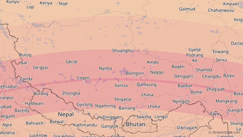 A map of Tibet, China, showing the path of the Jun 21, 2020 Annular Solar Eclipse