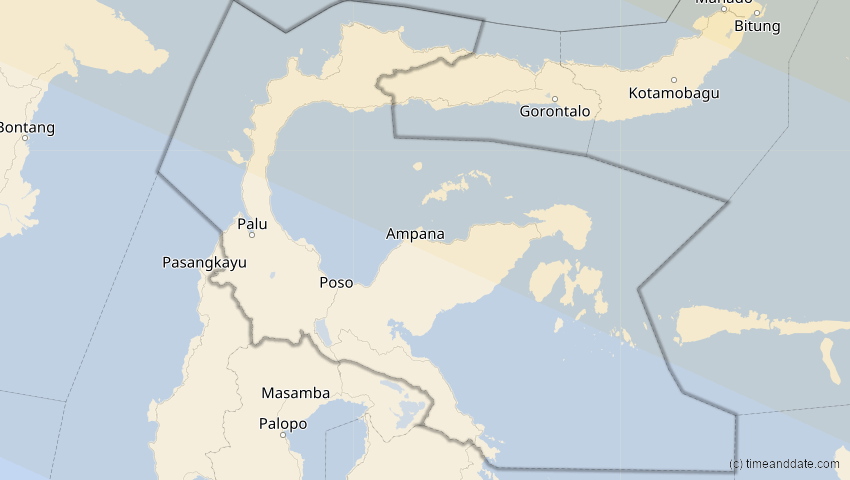 A map of Central Sulawesi, Indonesia, showing the path of the Jun 21, 2020 Annular Solar Eclipse