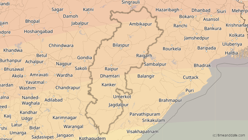 A map of Chhattisgarh, Indien, showing the path of the 21. Jun 2020 Ringförmige Sonnenfinsternis