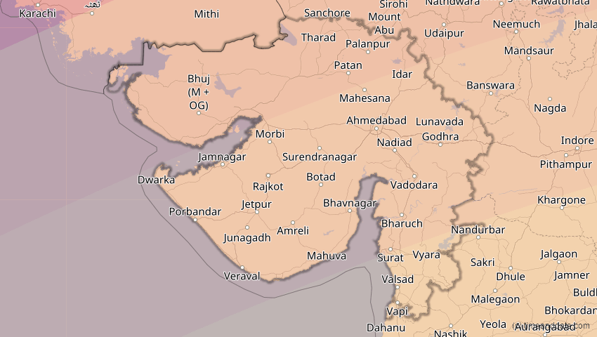 A map of Gujarat, India, showing the path of the Jun 21, 2020 Annular Solar Eclipse