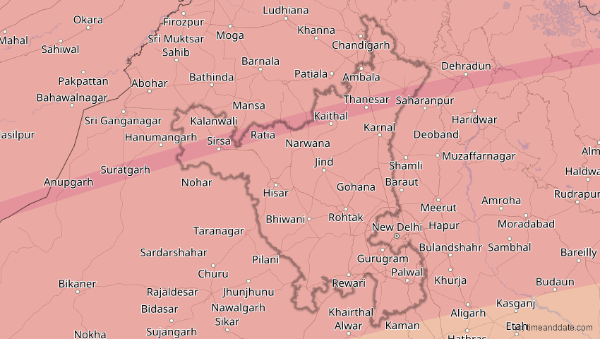 A map of Haryana, Indien, showing the path of the 21. Jun 2020 Ringförmige Sonnenfinsternis