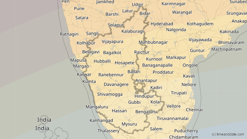 A map of Karnataka, India, showing the path of the Jun 21, 2020 Annular Solar Eclipse