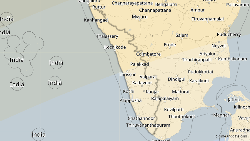 A map of Kerala, India, showing the path of the Jun 21, 2020 Annular Solar Eclipse
