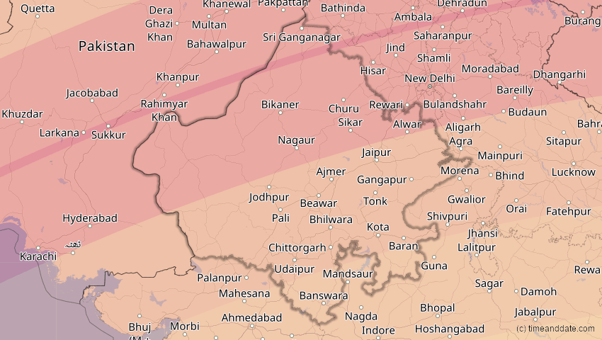 A map of Rajasthan, Indien, showing the path of the 21. Jun 2020 Ringförmige Sonnenfinsternis