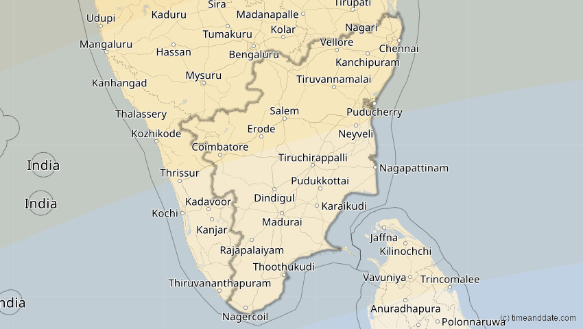 A map of Tamil Nadu, Indien, showing the path of the 21. Jun 2020 Ringförmige Sonnenfinsternis