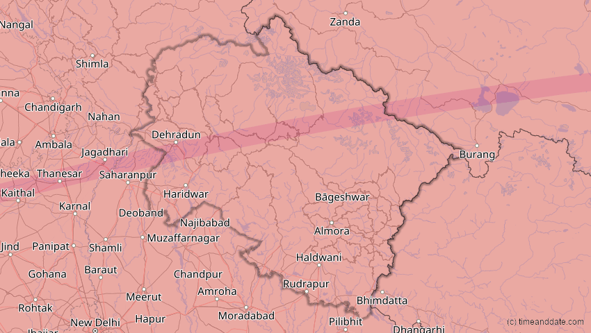 A map of Uttarakhand, Indien, showing the path of the 21. Jun 2020 Ringförmige Sonnenfinsternis