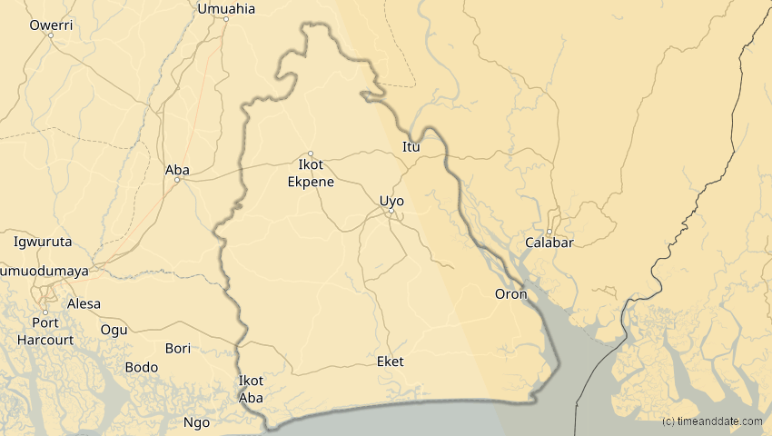 A map of Akwa Ibom, Nigeria, showing the path of the 21. Jun 2020 Ringförmige Sonnenfinsternis