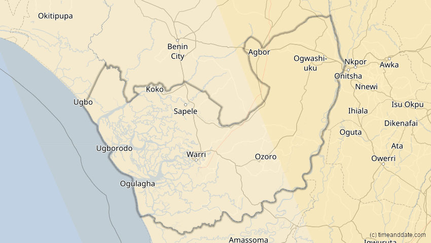 A map of Delta, Nigeria, showing the path of the Jun 21, 2020 Annular Solar Eclipse