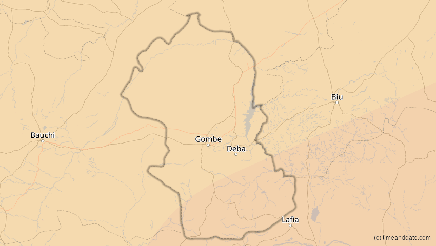 A map of Gombe, Nigeria, showing the path of the 21. Jun 2020 Ringförmige Sonnenfinsternis