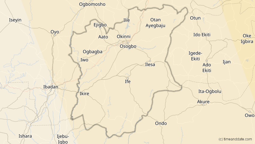 A map of Osun, Nigeria, showing the path of the Jun 21, 2020 Annular Solar Eclipse