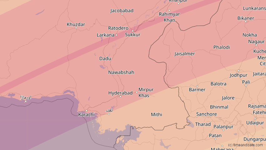 A map of Sindh, Pakistan, showing the path of the Jun 21, 2020 Annular Solar Eclipse
