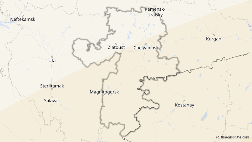 A map of Tscheljabinsk, Russland, showing the path of the 21. Jun 2020 Ringförmige Sonnenfinsternis