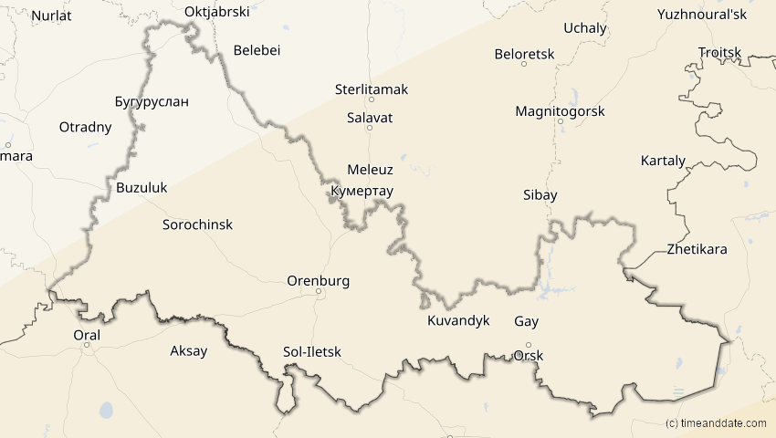 A map of Orenburg, Russland, showing the path of the 21. Jun 2020 Ringförmige Sonnenfinsternis