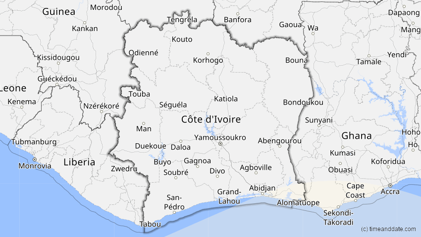 A map of Elfenbeinküste (Côte d'Ivoire), showing the path of the 14. Dez 2020 Totale Sonnenfinsternis