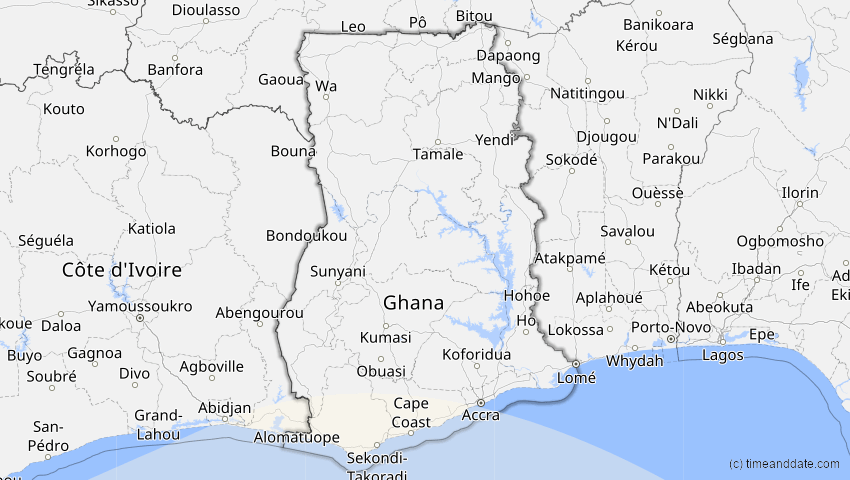 A map of Ghana, showing the path of the Dec 14, 2020 Total Solar Eclipse