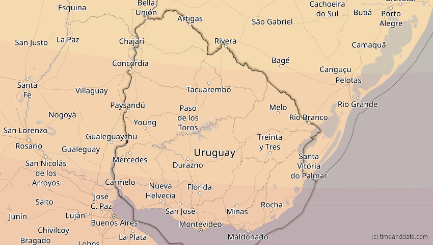 A map of Uruguay, showing the path of the Dec 14, 2020 Total Solar Eclipse