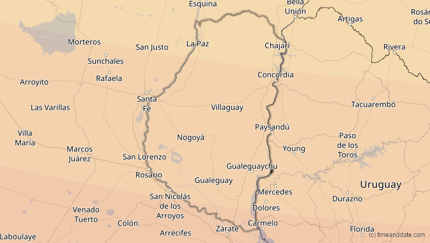 A map of Entre Rios, Argentina, showing the path of the Dec 14, 2020 Total Solar Eclipse