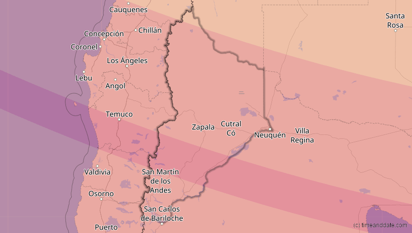 A map of Neuquén, Argentina, showing the path of the Dec 14, 2020 Total Solar Eclipse