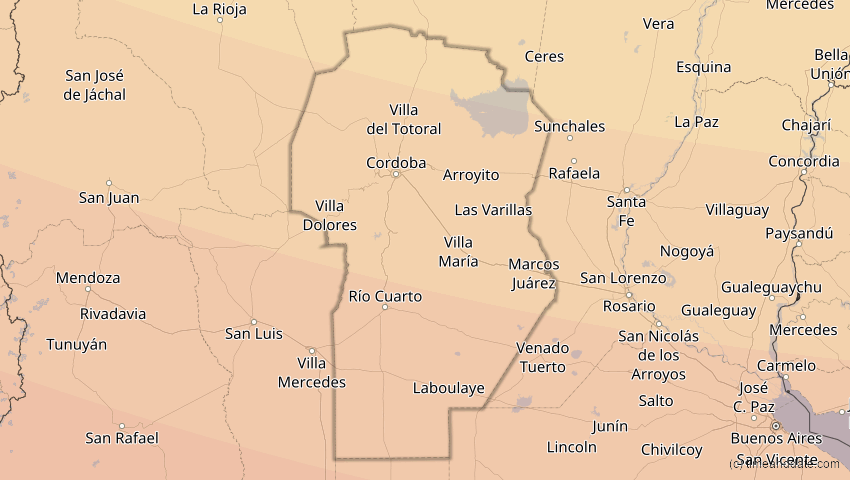 A map of Córdoba, Argentina, showing the path of the Dec 14, 2020 Total Solar Eclipse