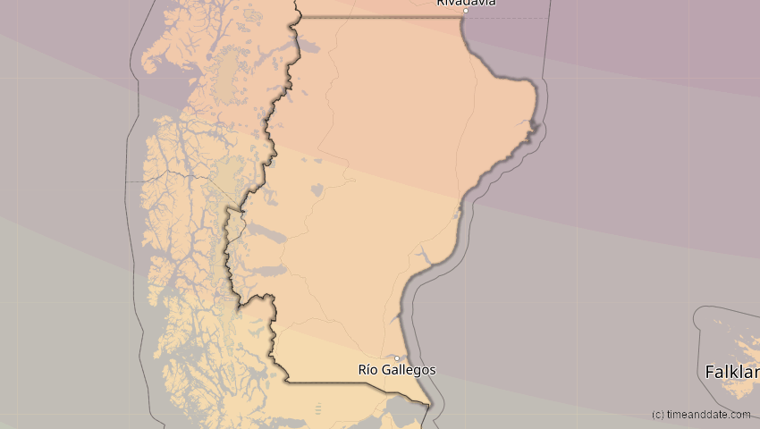 A map of Santa Cruz, Argentina, showing the path of the Dec 14, 2020 Total Solar Eclipse