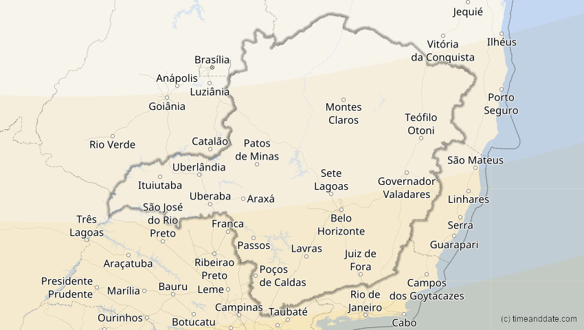A map of Minas Gerais, Brazil, showing the path of the Dec 14, 2020 Total Solar Eclipse