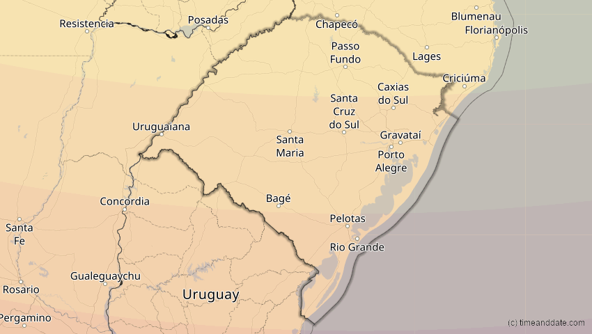 A map of Rio Grande do Sul, Brazil, showing the path of the Dec 14, 2020 Total Solar Eclipse