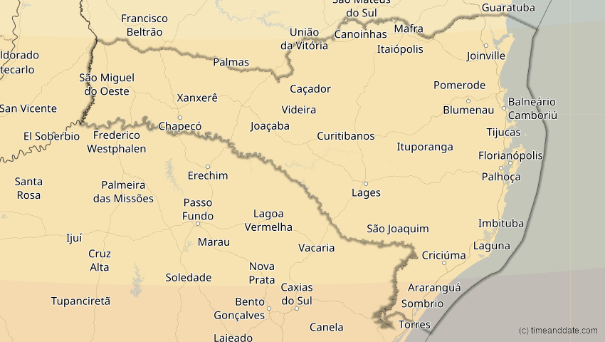A map of Santa Catarina, Brasilien, showing the path of the 14. Dez 2020 Totale Sonnenfinsternis