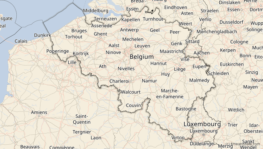 A map of Belgium, showing the path of the Jun 10, 2021 Annular Solar Eclipse