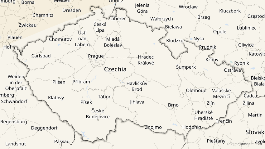 A map of Czechia, showing the path of the Jun 10, 2021 Annular Solar Eclipse