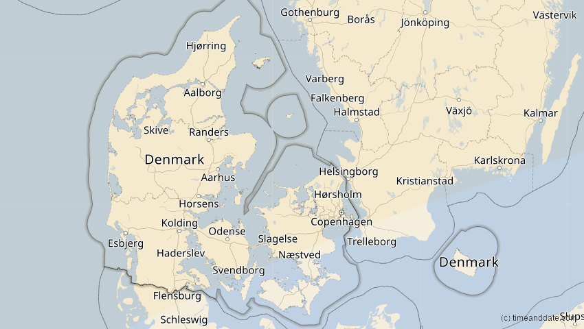 A map of Denmark, showing the path of the Jun 10, 2021 Annular Solar Eclipse