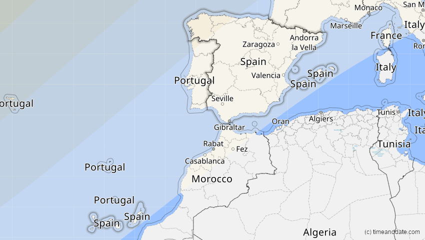 A map of Spanien, showing the path of the 10. Jun 2021 Ringförmige Sonnenfinsternis