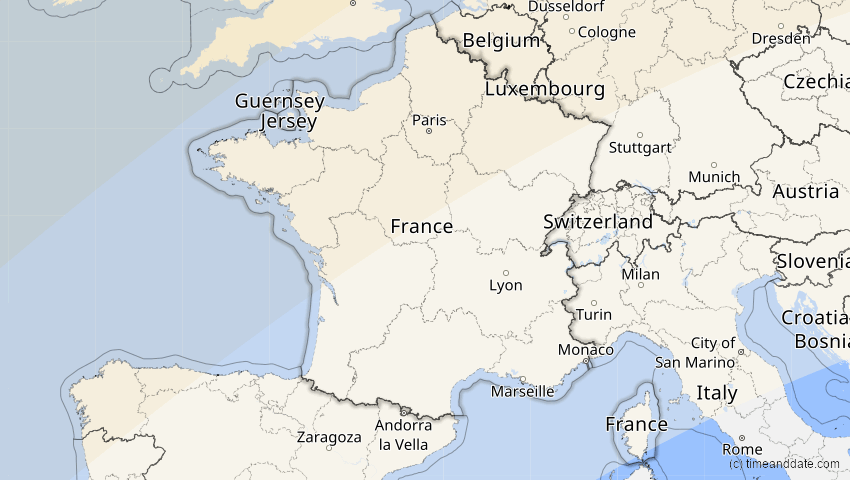 A map of Frankreich, showing the path of the 10. Jun 2021 Ringförmige Sonnenfinsternis