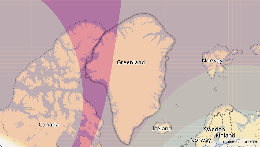 A map of Greenland, showing the path of the Jun 10, 2021 Annular Solar Eclipse