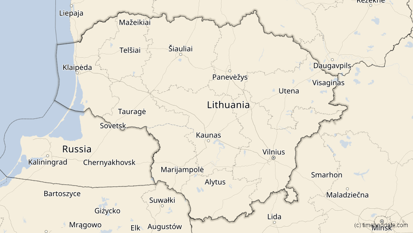 A map of Lithuania, showing the path of the Jun 10, 2021 Annular Solar Eclipse