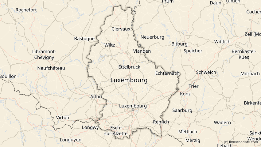 A map of Luxembourg, showing the path of the Jun 10, 2021 Annular Solar Eclipse