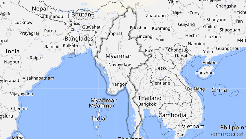 A map of Myanmar, showing the path of the Jun 10, 2021 Annular Solar Eclipse