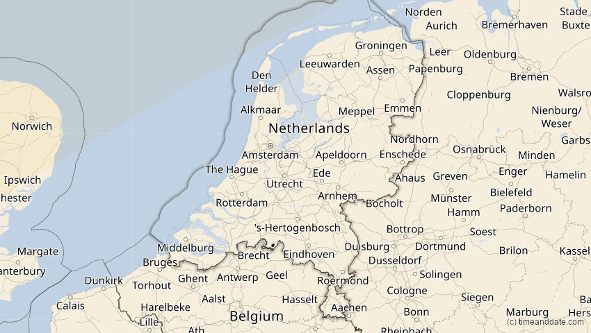 A map of Netherlands, showing the path of the Jun 10, 2021 Annular Solar Eclipse