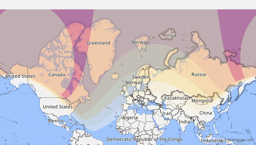 A map of Russia, showing the path of the Jun 10, 2021 Annular Solar Eclipse