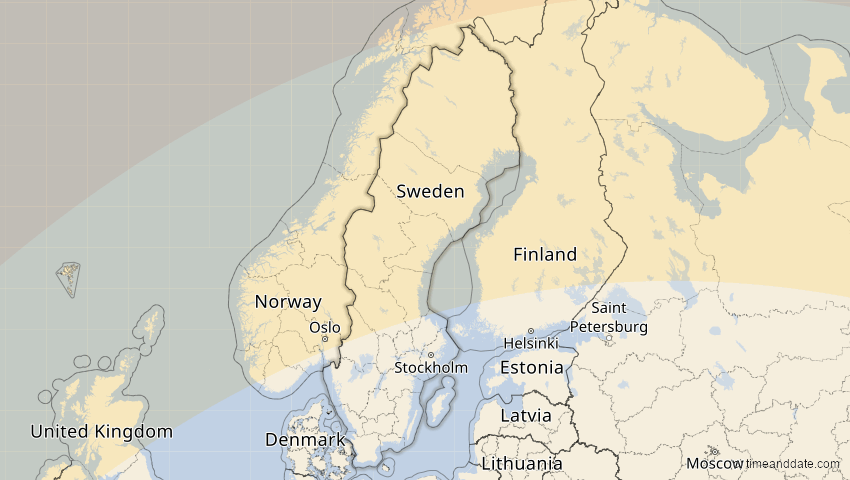 A map of Sweden, showing the path of the Jun 10, 2021 Annular Solar Eclipse