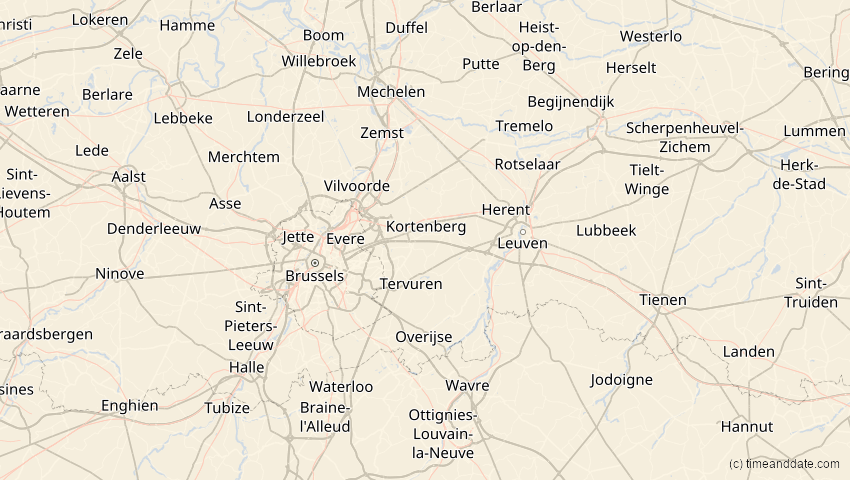A map of Flemish Brabant, Belgium, showing the path of the Jun 10, 2021 Annular Solar Eclipse