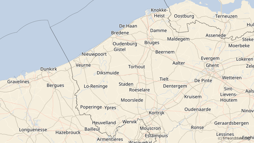 A map of West Flanders, Belgium, showing the path of the Jun 10, 2021 Annular Solar Eclipse