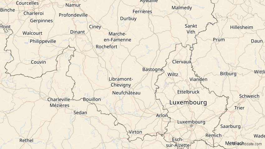 A map of Luxembourg, Belgium, showing the path of the Jun 10, 2021 Annular Solar Eclipse