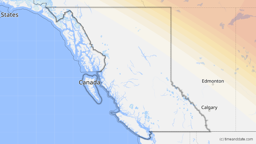 A map of British Columbia, Canada, showing the path of the Jun 10, 2021 Annular Solar Eclipse