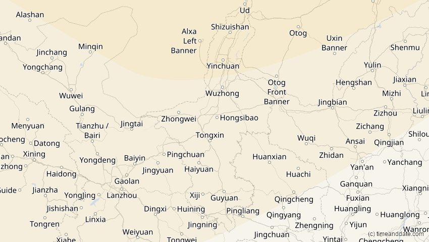 A map of Ningxia, China, showing the path of the Jun 10, 2021 Annular Solar Eclipse