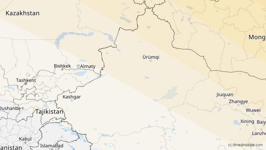 A map of Xinjiang, China, showing the path of the Jun 10, 2021 Annular Solar Eclipse